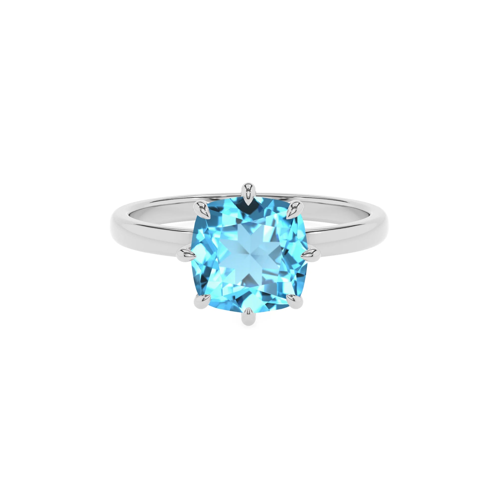 natural swiss-blue-topaz cushion solitaire rings in platinum