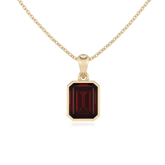 natural garnet emerald cut solitaire necklaces in yellow gold