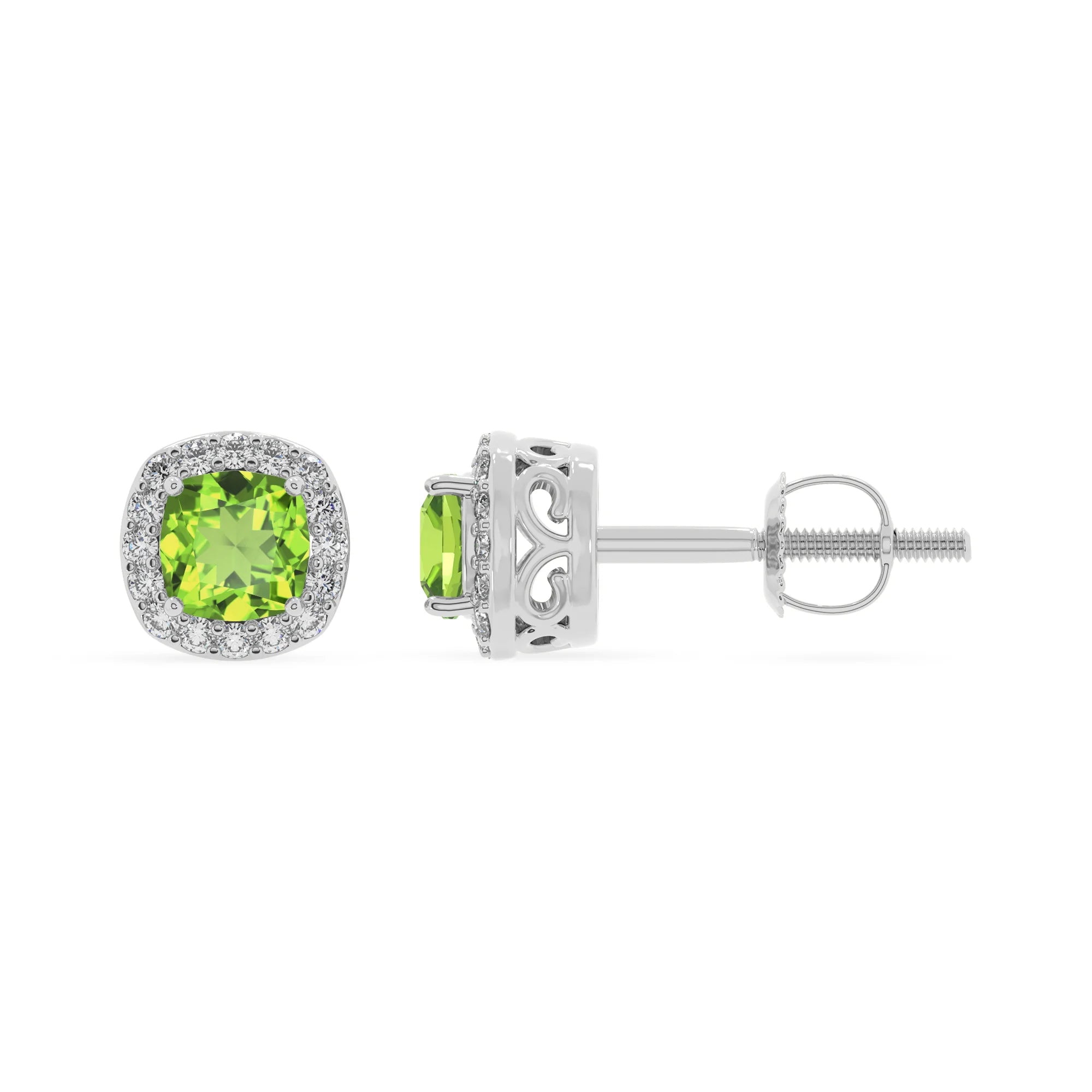 natural peridot cushion stud earrings in platinum