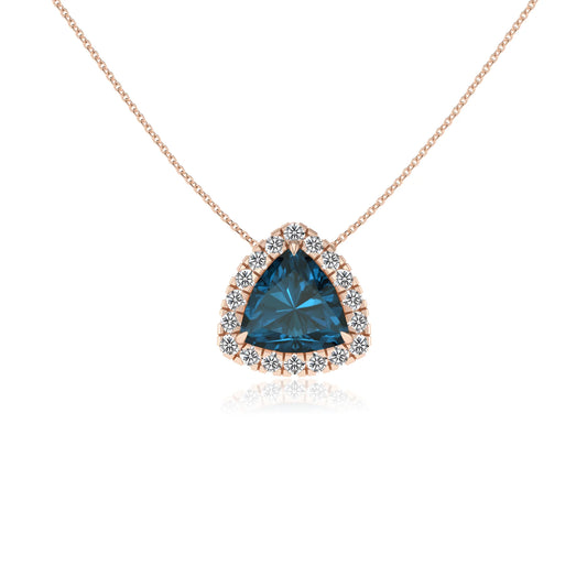 natural london blue topaz trillion solitaire necklaces in rose gold