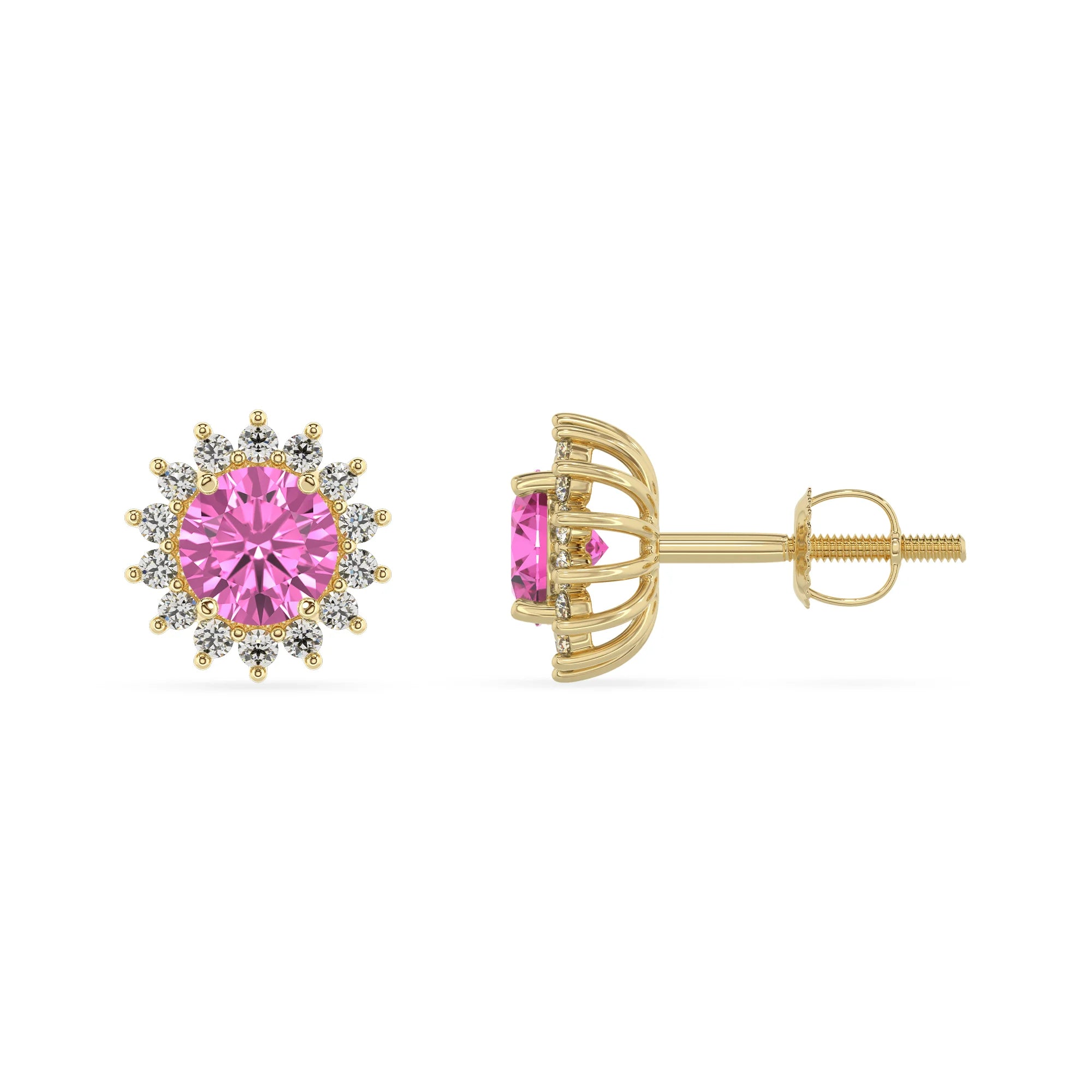 lab grown pink sapphire round stud earrings in yellow gold