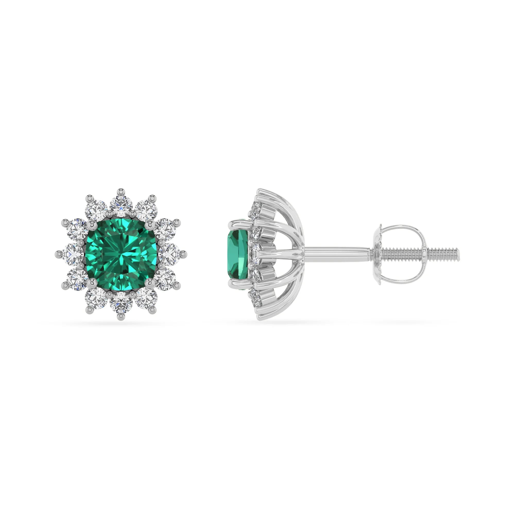 lab grown emerald cushion stud earrings in white gold