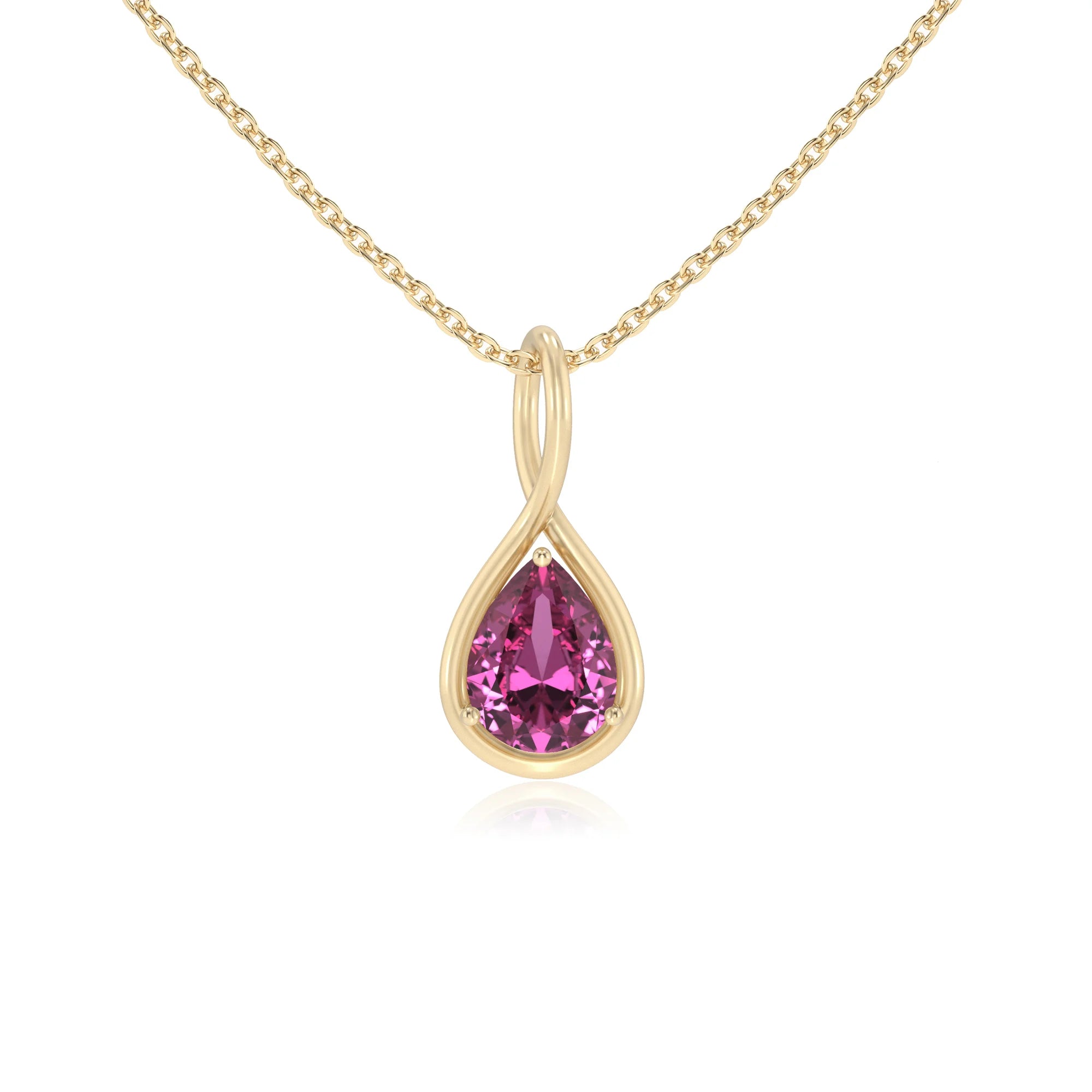 lab grown pink-sapphire pear solitaire necklaces in yellow gold