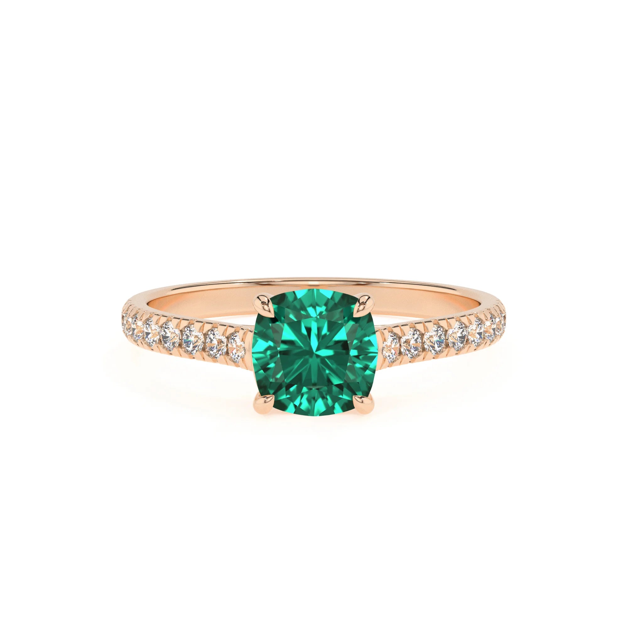 lab grown emerald cushion half eternity solitaire engagement rings in rose gold