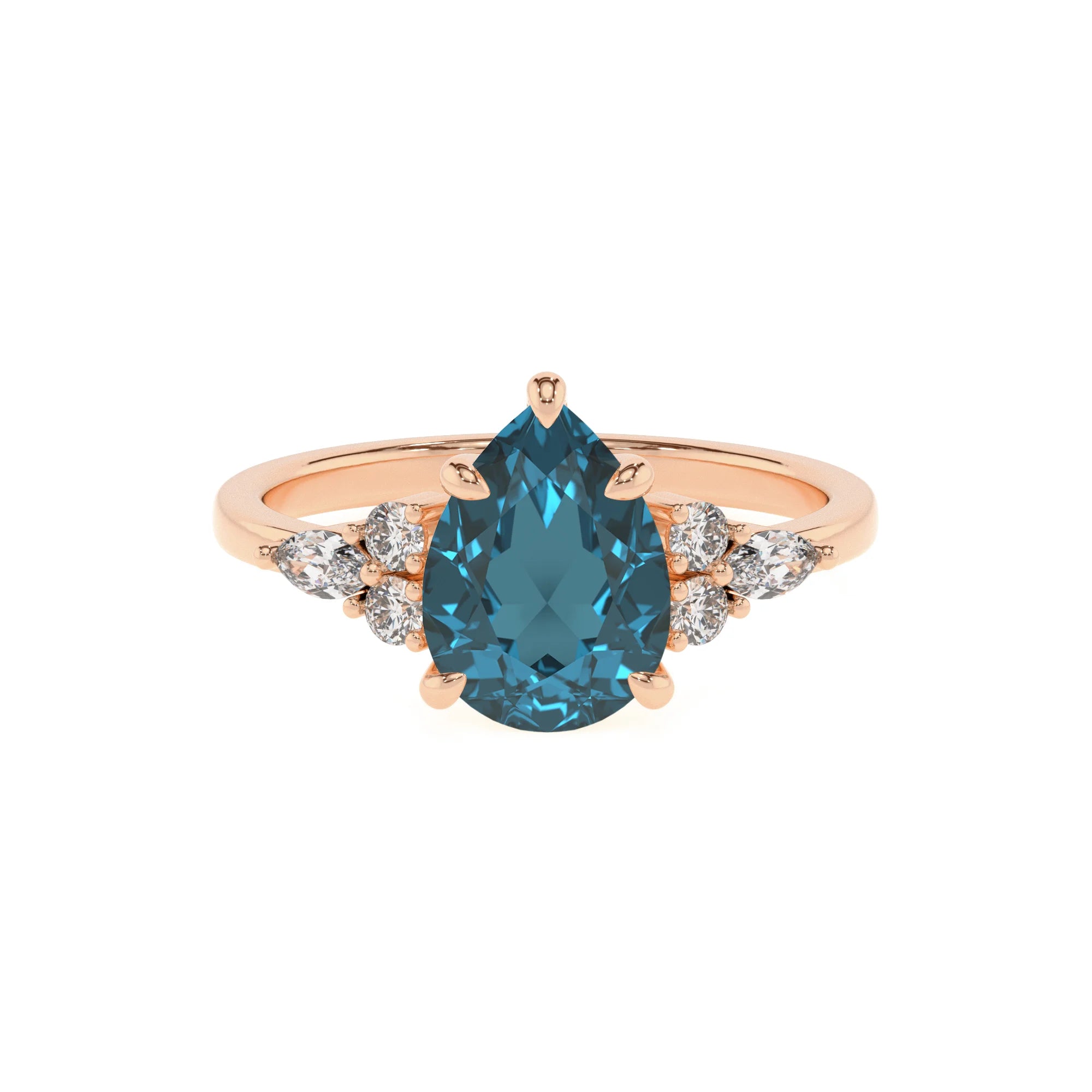 natural london-blue-topaz pear solitaire rings in rose gold