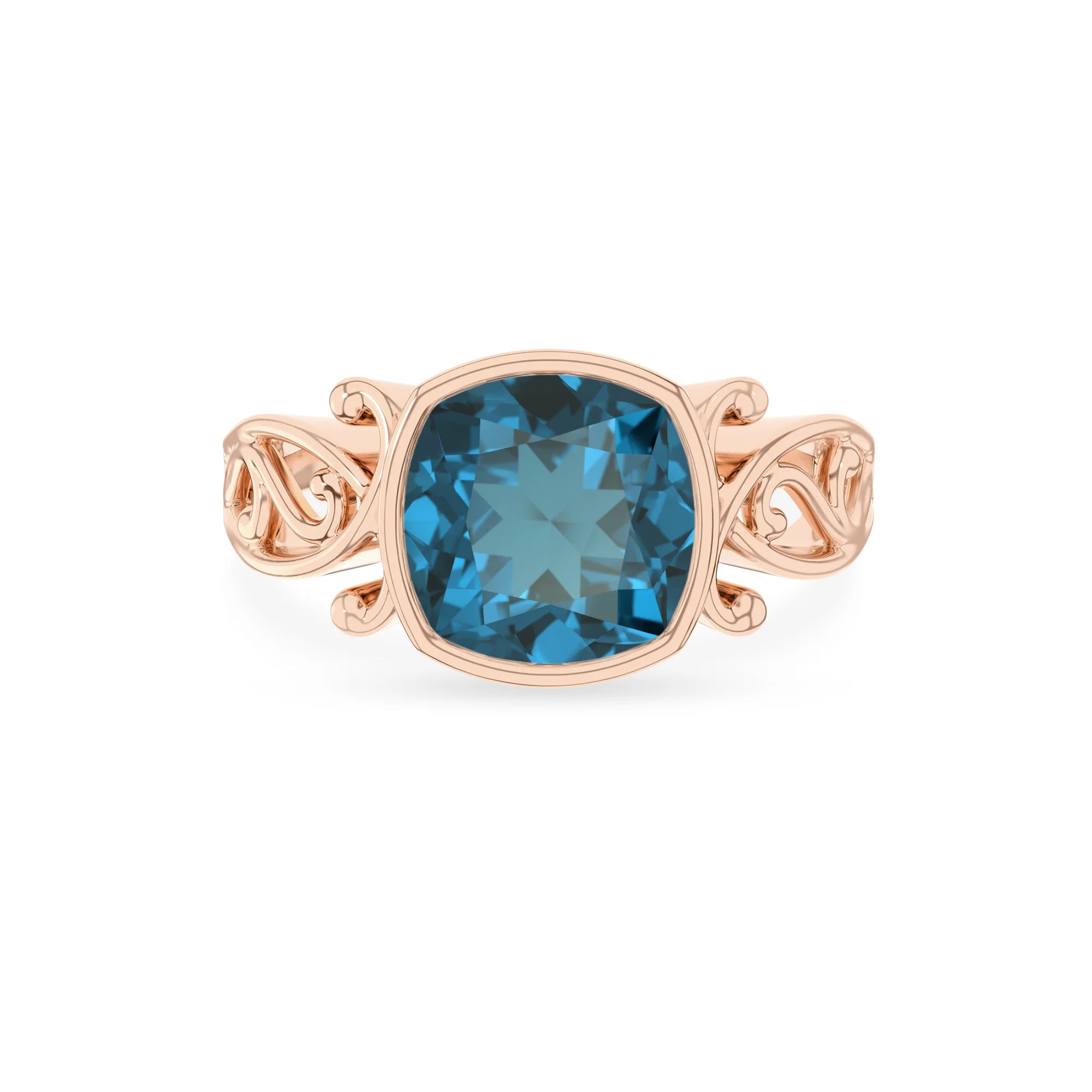 natural london-blue-topaz cushion solitaire rings in rose gold