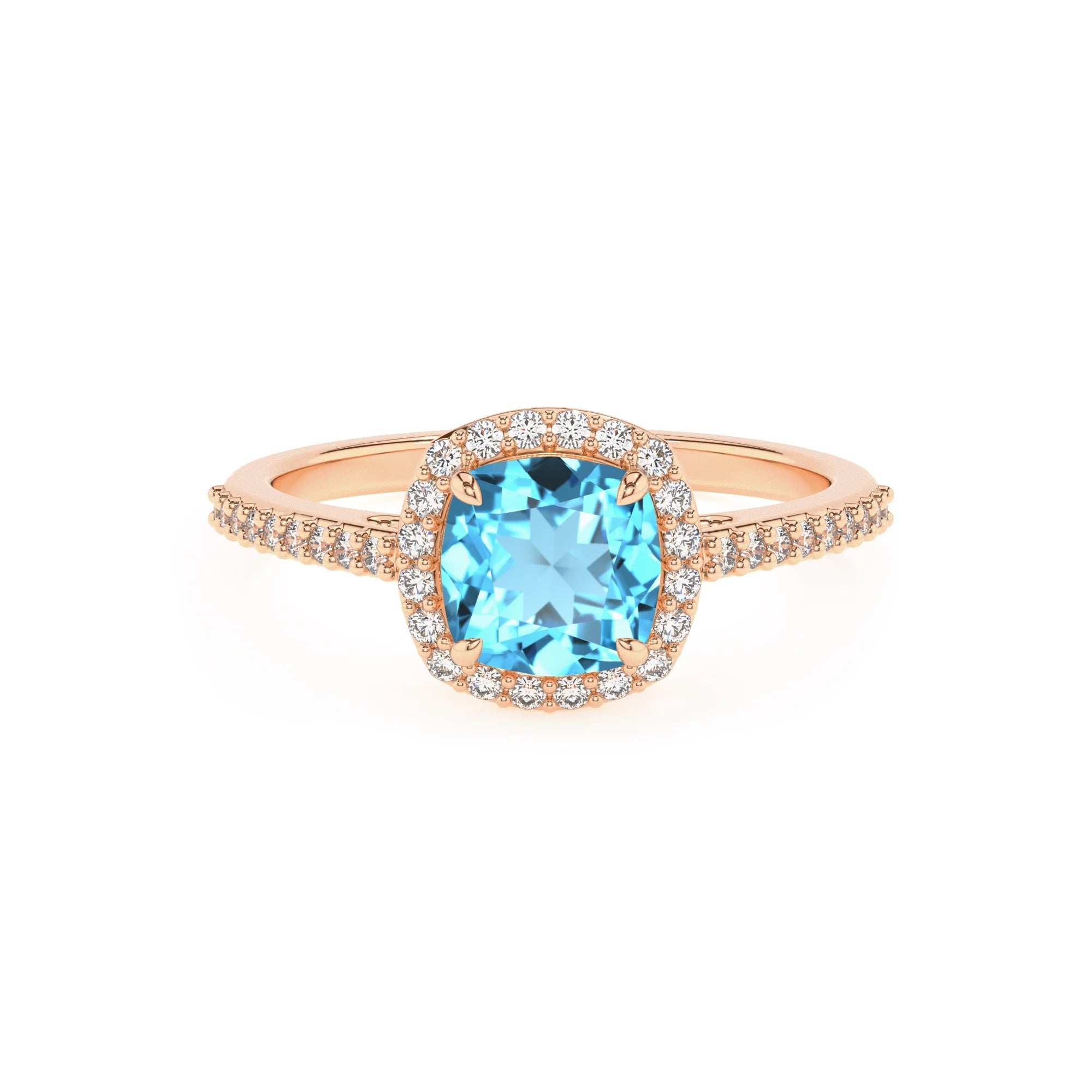 natural swiss-blue-topaz cushion solitaire rings in rose gold