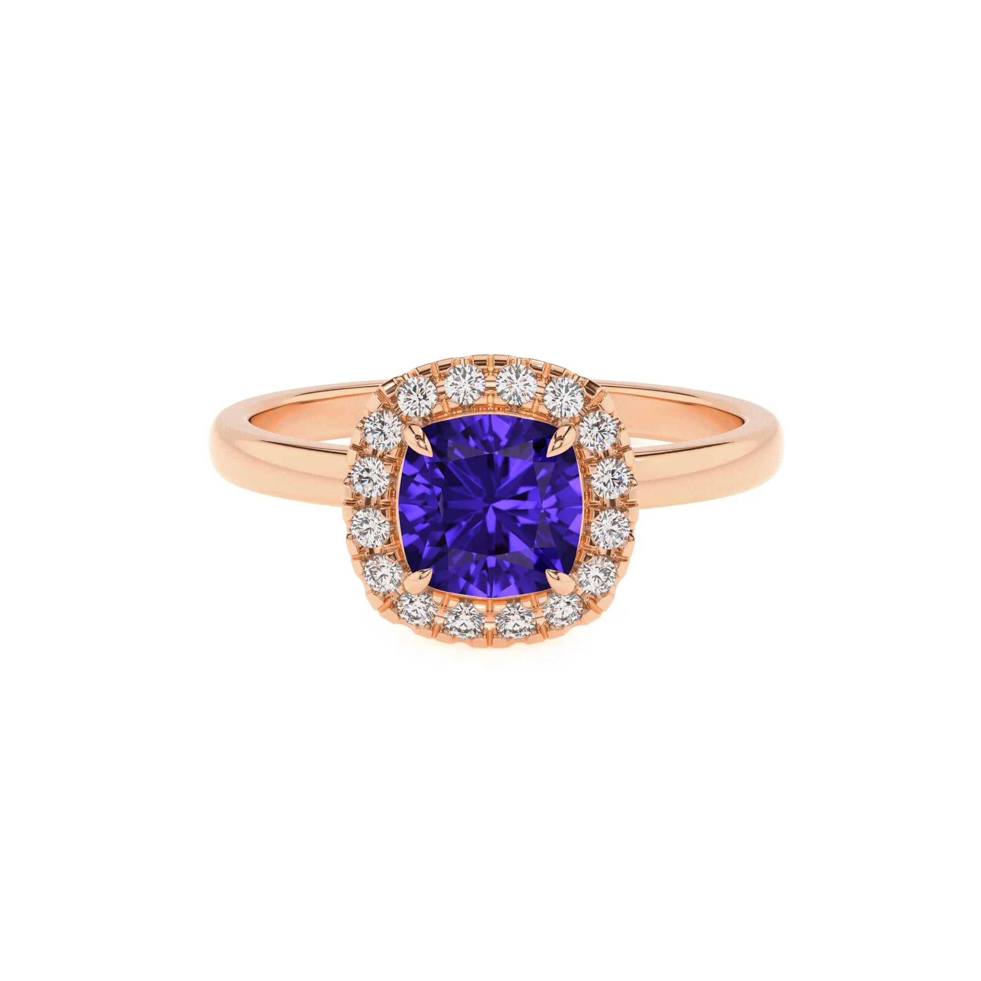 lab grown tanzanite cushion solitaire rings in rose gold