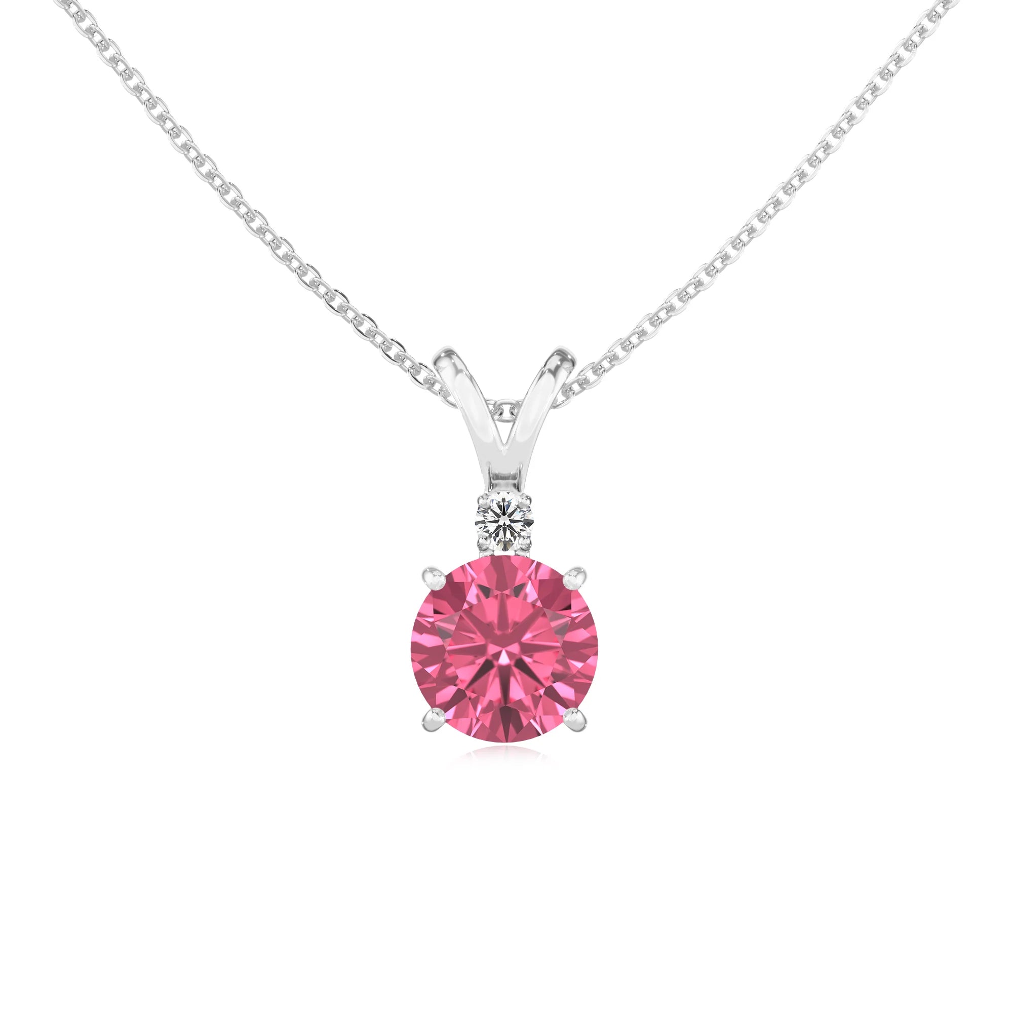 lab grown pink-tourmaline round solitaire v-bale necklaces in platinum