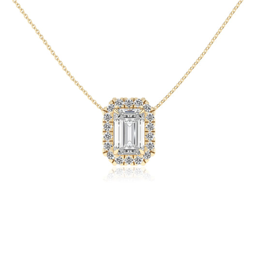 lab grown moissanite emerald cut solitaire necklaces in yellow gold