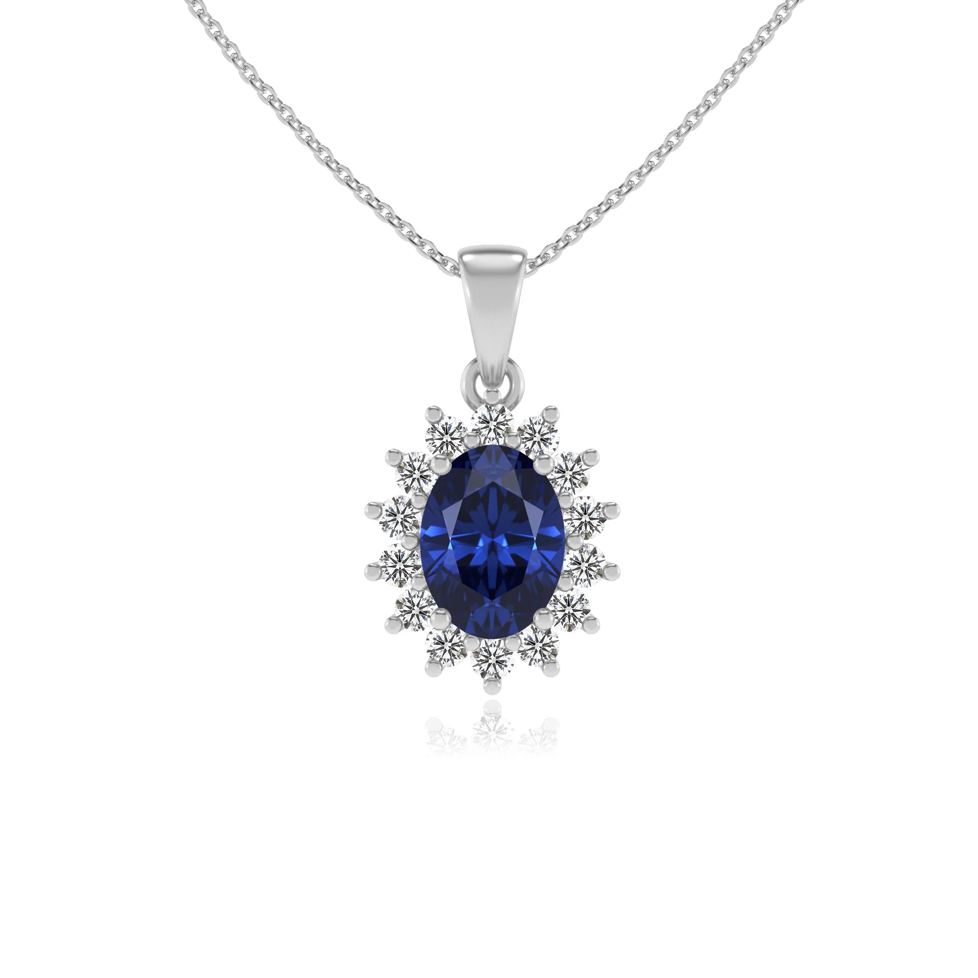 lab grown blue-sapphire oval halo necklaces in white gold