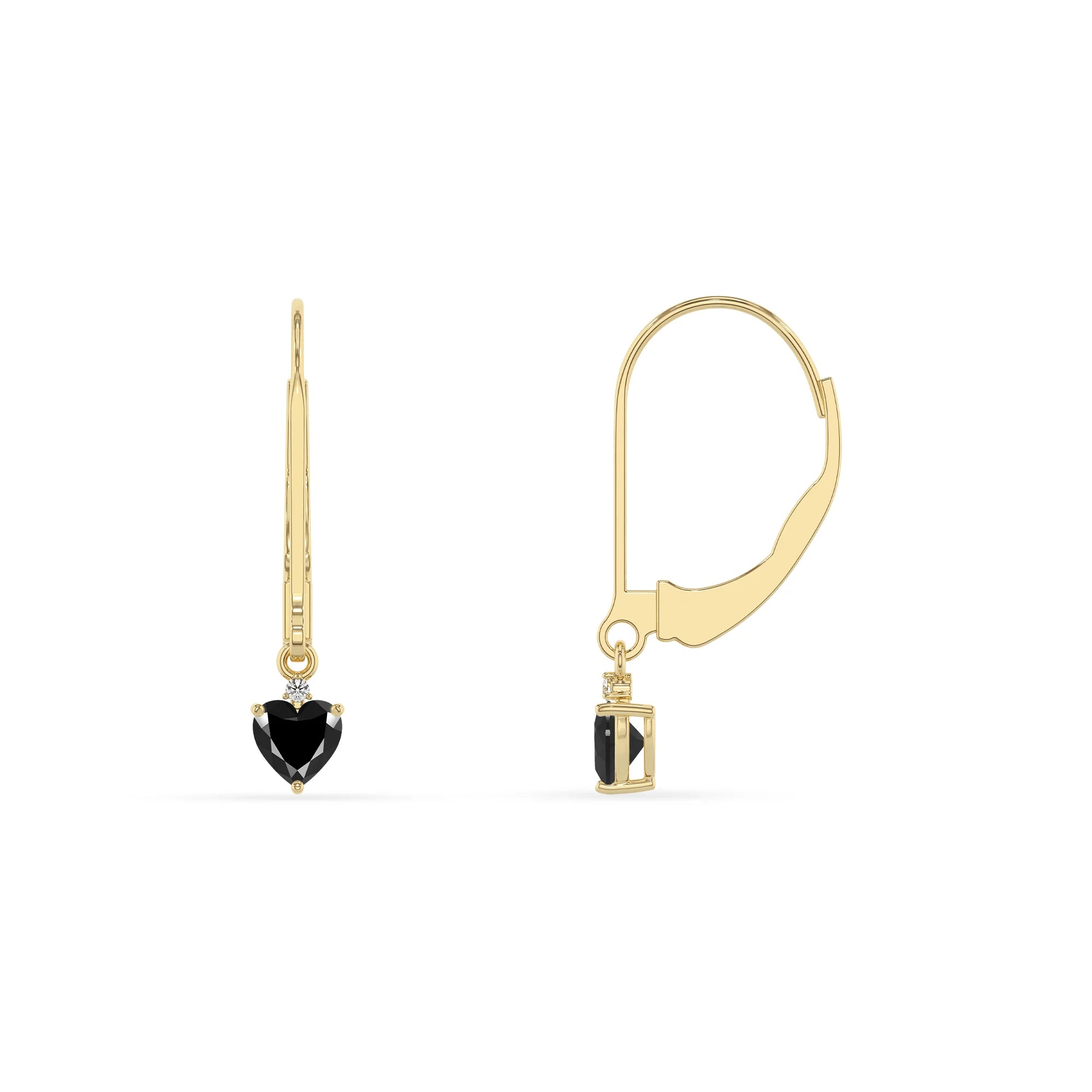 natural black onyx heart drop earrings in yellow gold