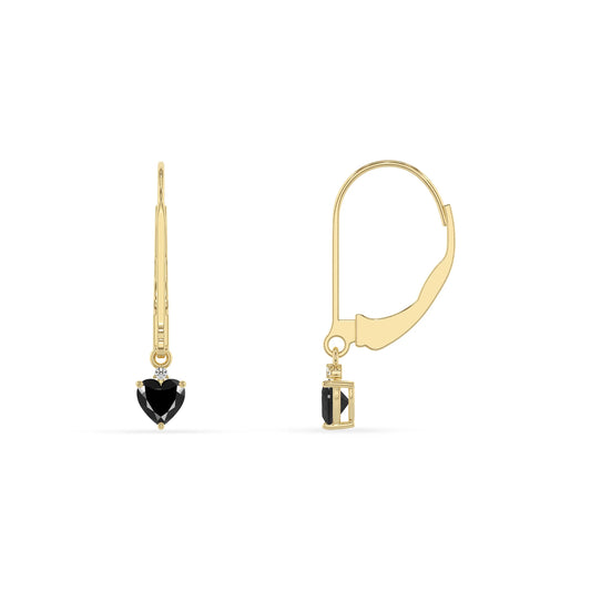 natural black onyx heart drop earrings in yellow gold