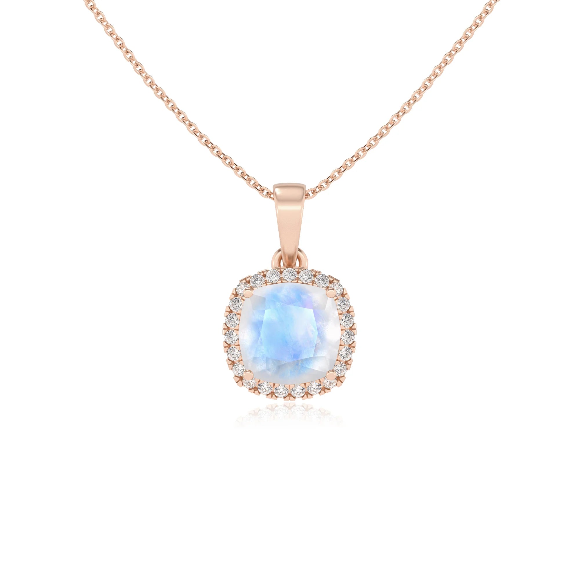 natural rainbow-moonstone cushion solitaire necklaces in rose gold