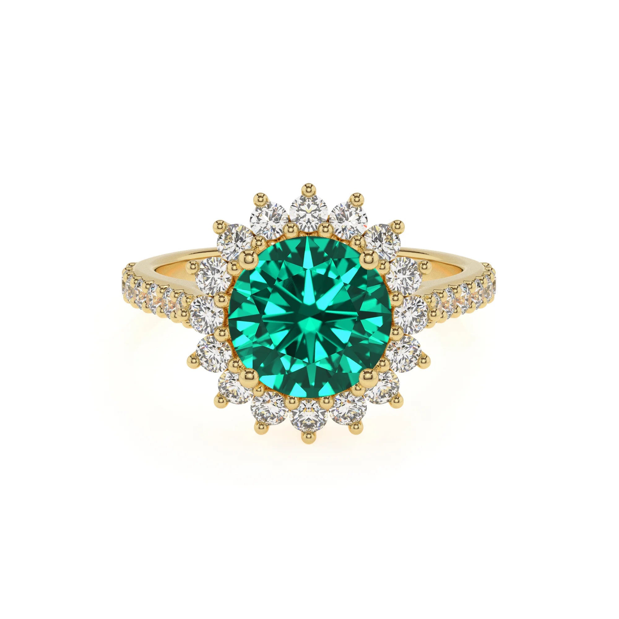lab grown emerald round solitaire rings in yellow gold