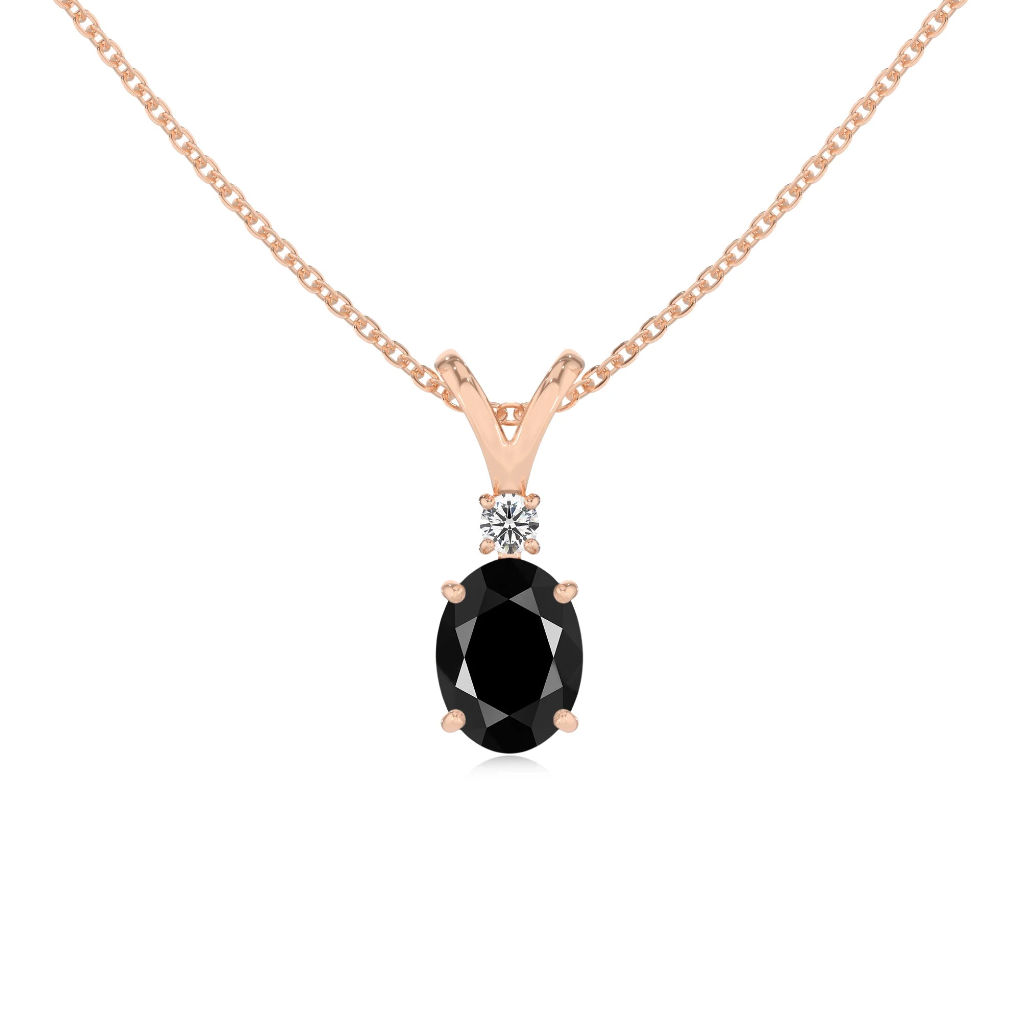 natural black-onyx oval solitaire v-bale necklaces in rose gold