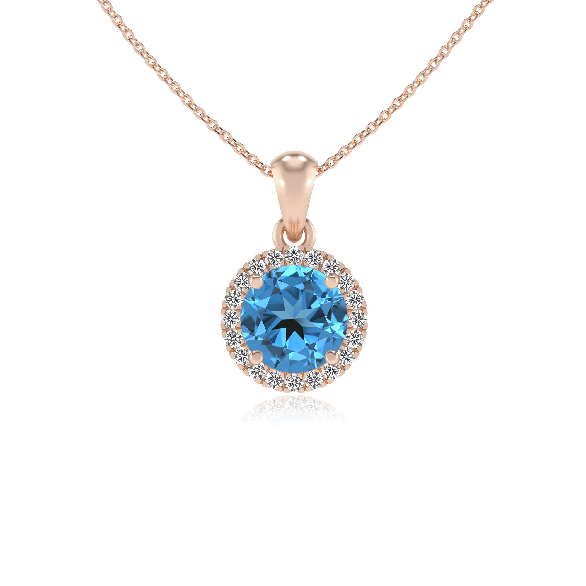 natural swiss-blue-topaz round solitaire necklaces in rose gold