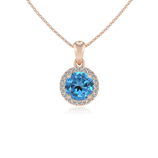 natural swiss-blue-topaz round solitaire necklaces in rose gold