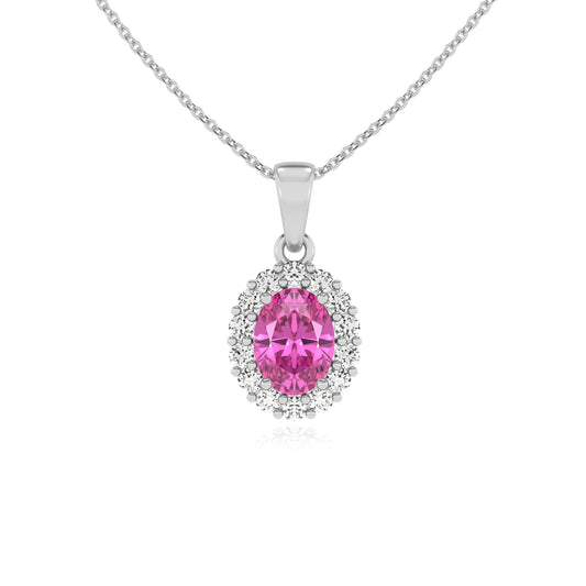 lab grown pink-sapphire oval solitaire necklaces in white gold