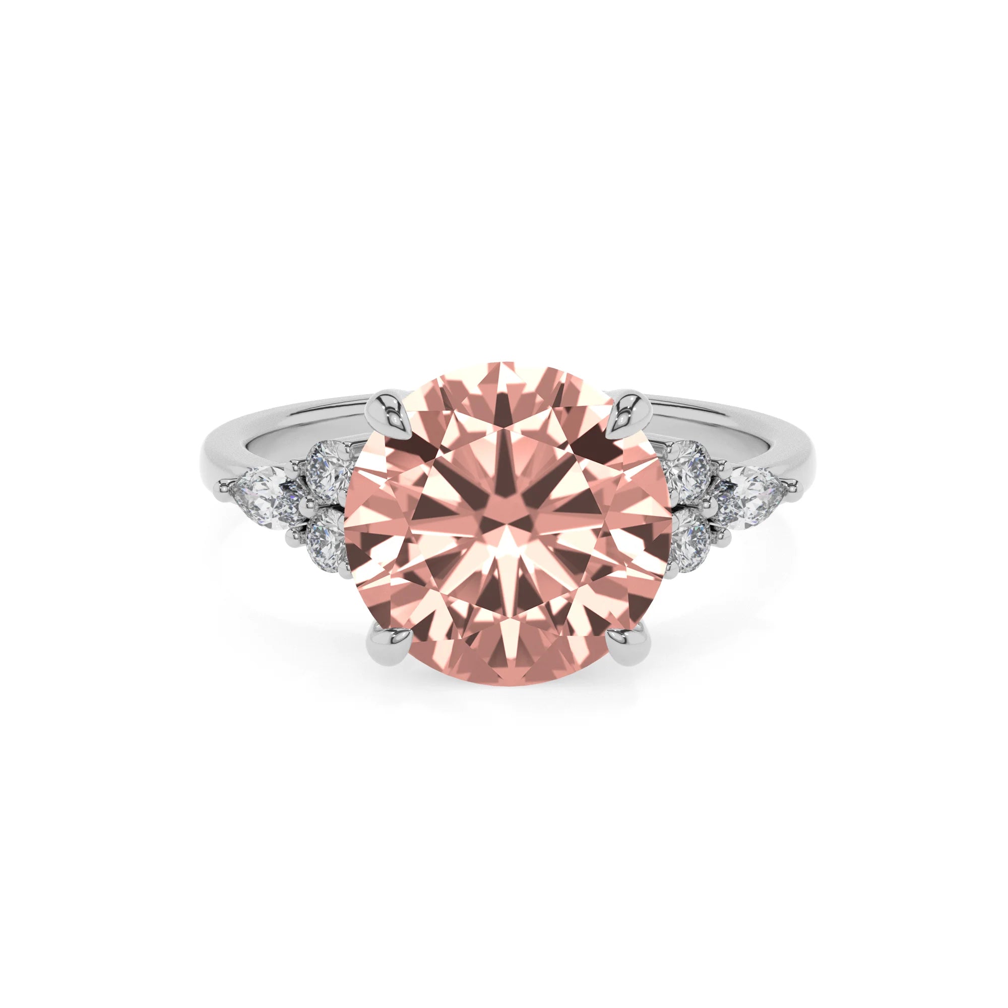 lab grown morganite round solitaire rings in white gold