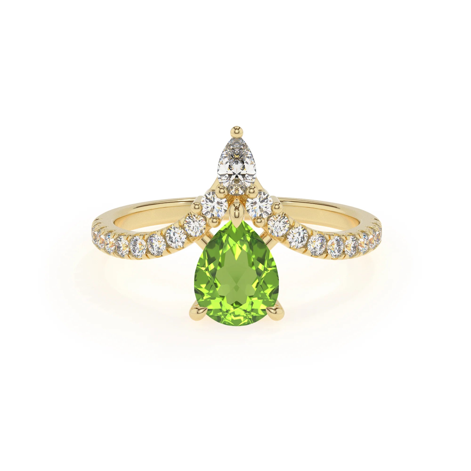 natural peridot pear solitaire rings in yellow gold