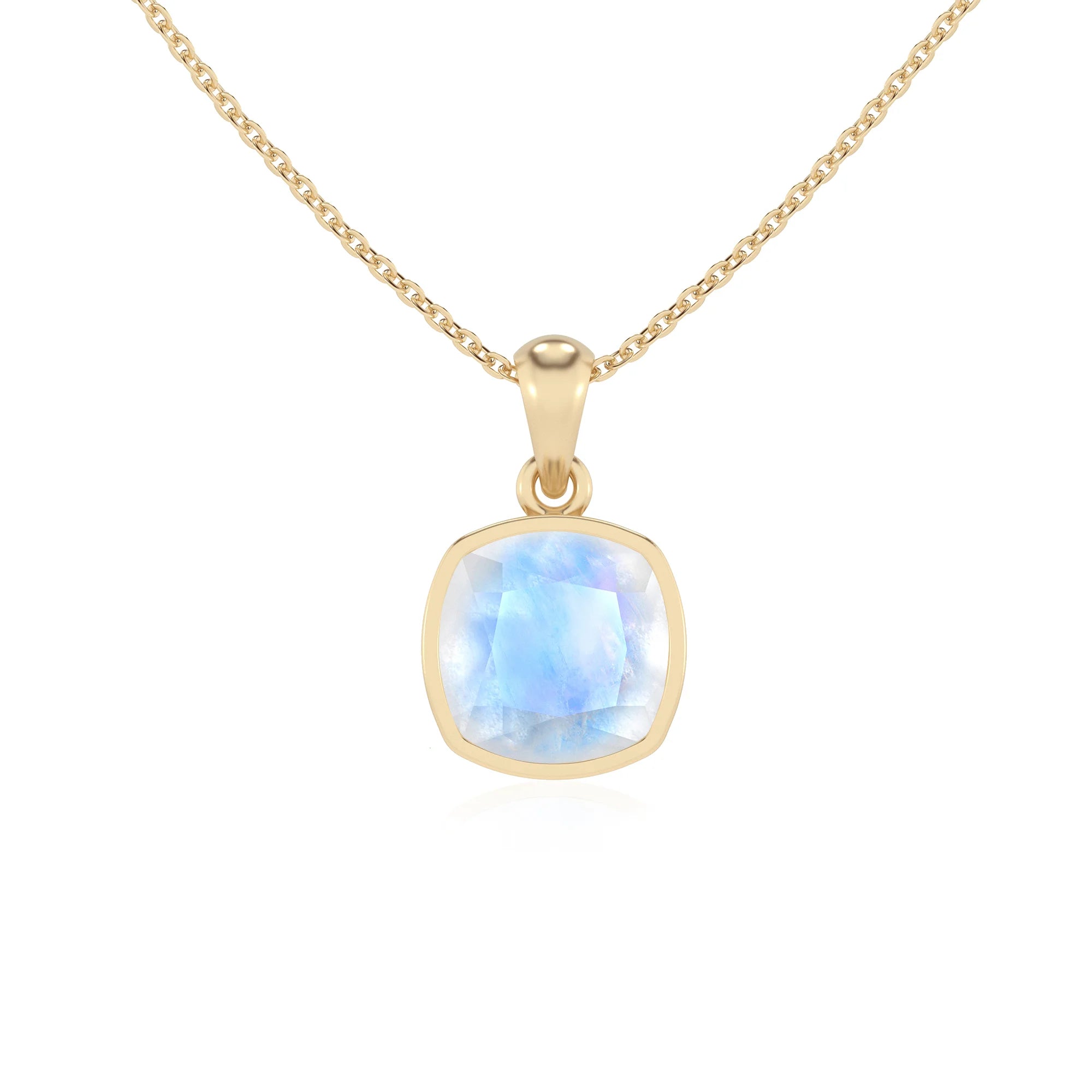 natural rainbow-moonstone cushion solitaire necklaces in yellow gold