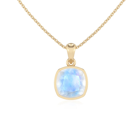 natural rainbow-moonstone cushion solitaire necklaces in yellow gold