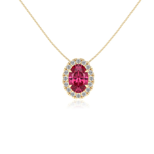 lab grown pink tourmaline oval solitaire necklaces in yellow gold