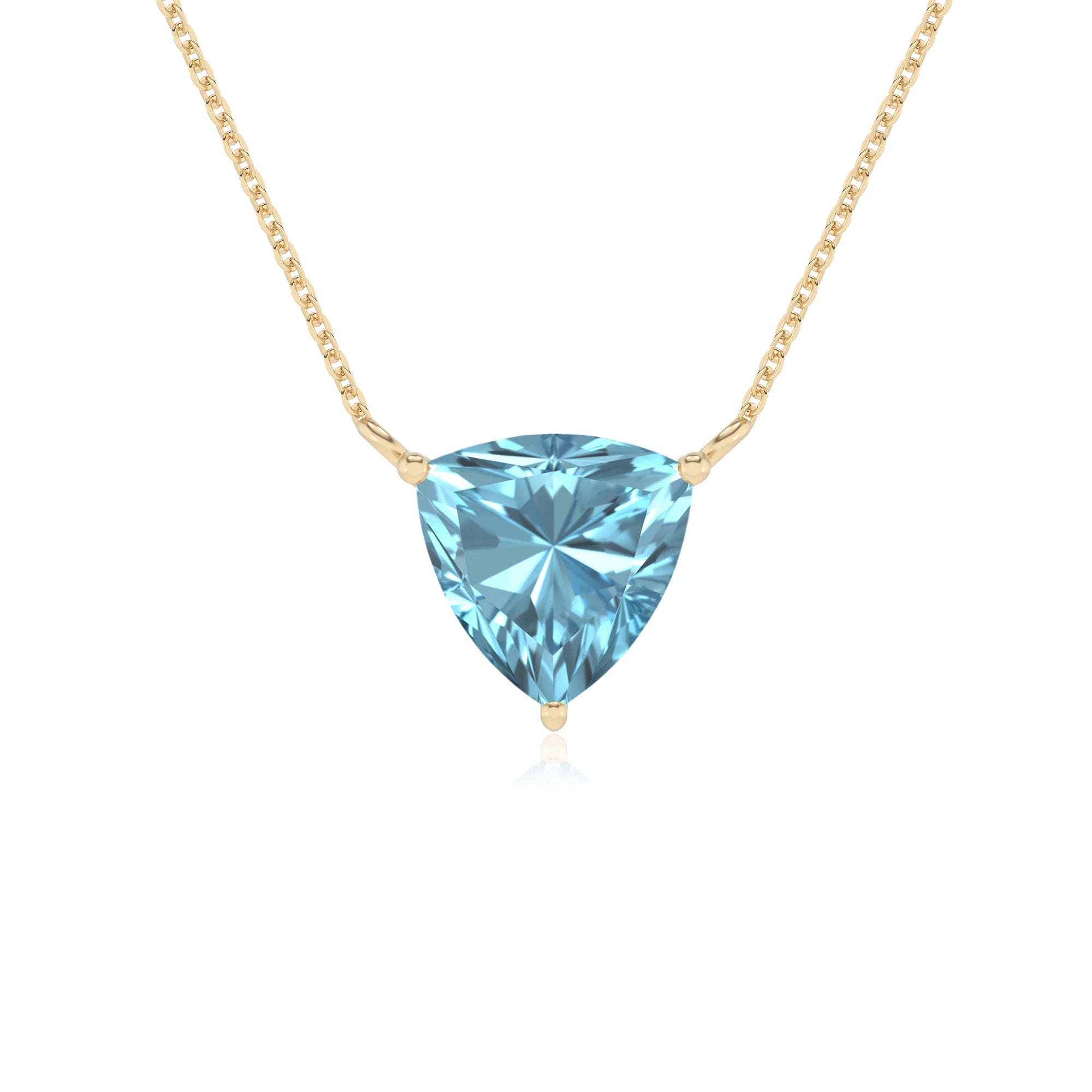 lab grown aquamarine trillion solitaire necklaces in yellow gold