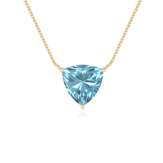 lab grown aquamarine trillion solitaire necklaces in yellow gold