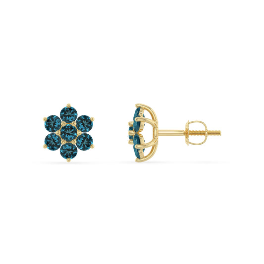 natural london blue topaz round stud earrings in yellow gold