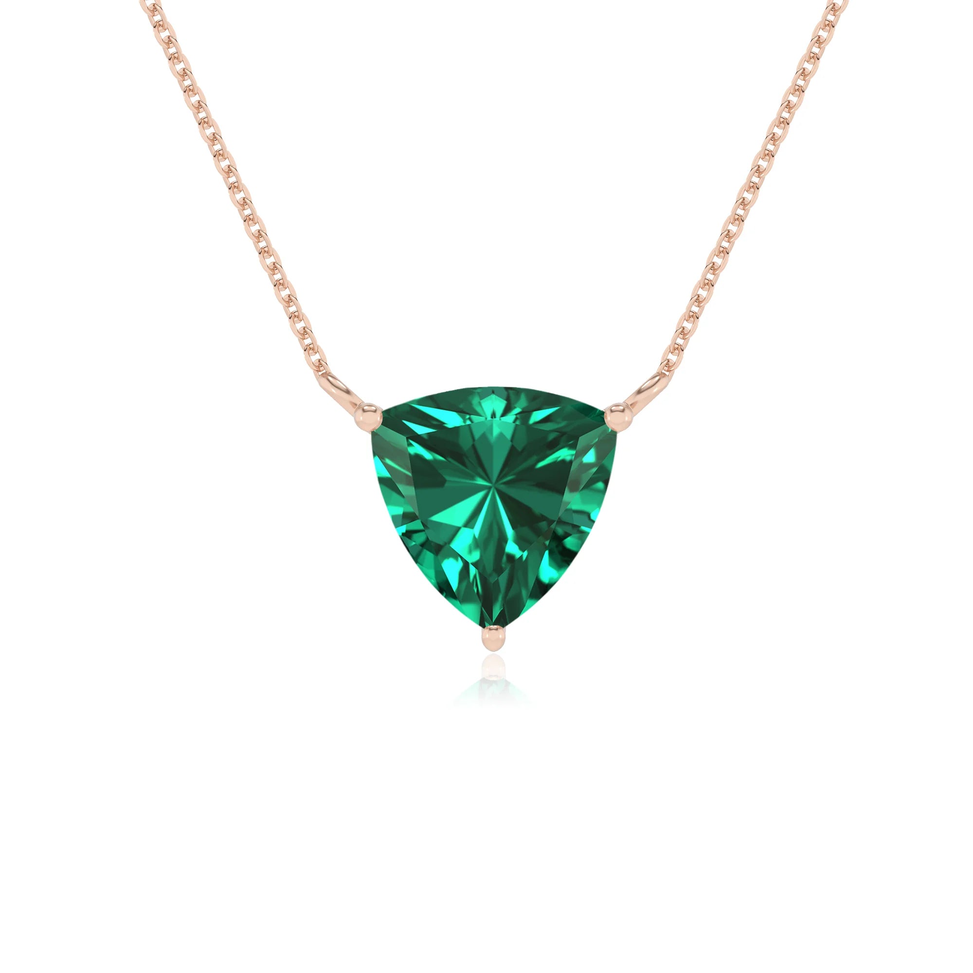 lab grown emerald trillion solitaire necklaces in rose gold