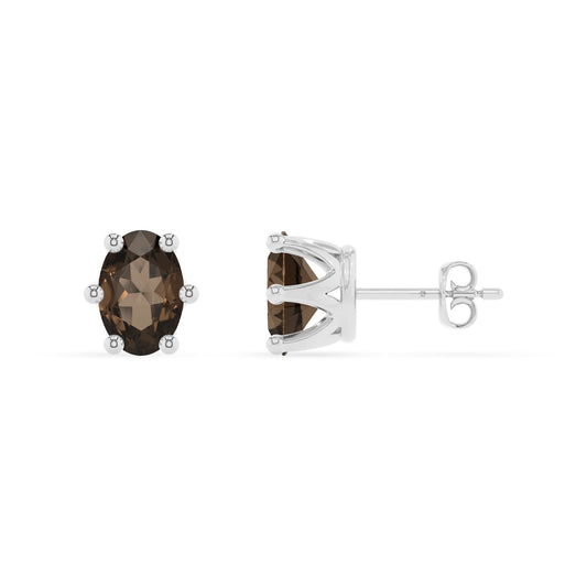 natural smoky quartz oval stud earrings in white gold