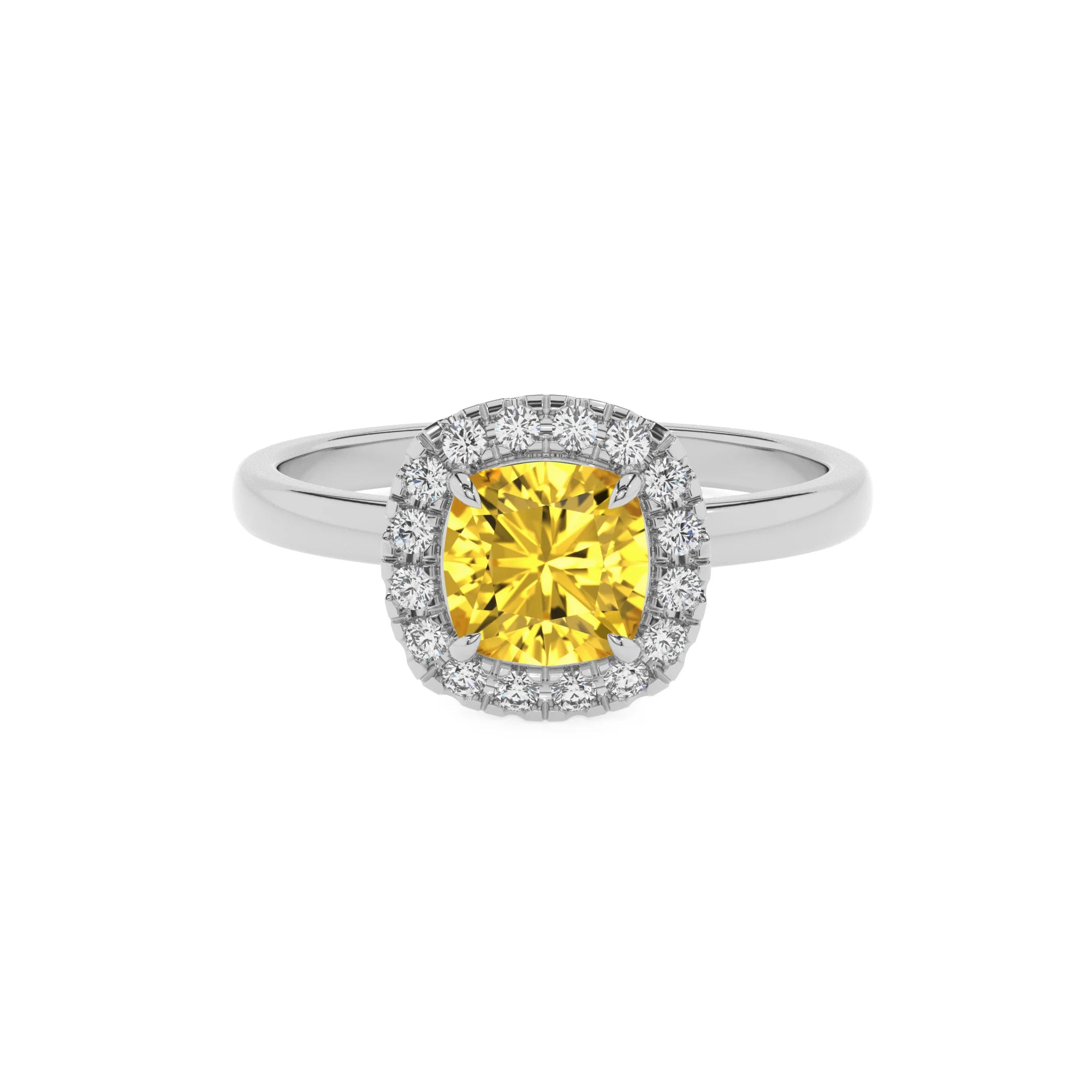lab grown yellow-sapphire cushion solitaire rings in platinum