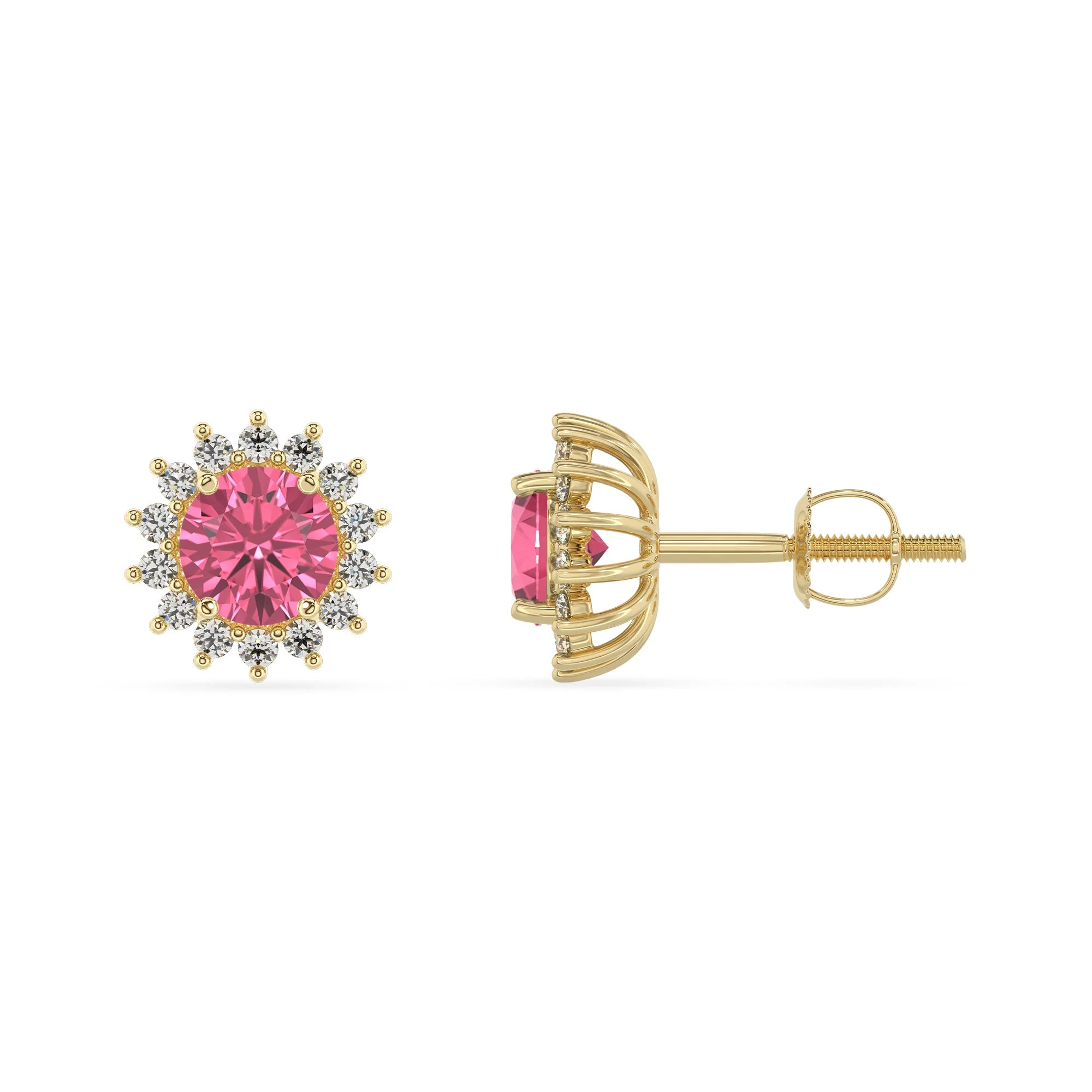 lab grown pink tourmaline round stud earrings in yellow gold