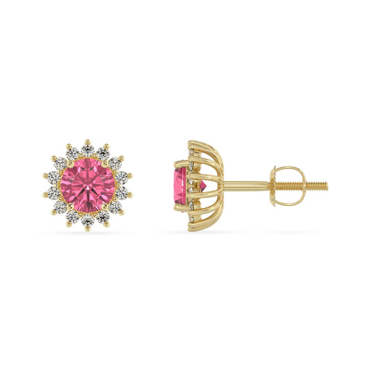 lab grown pink tourmaline round stud earrings in yellow gold