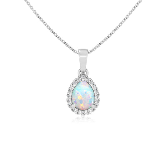 lab grown opal pear solitaire necklaces in white gold
