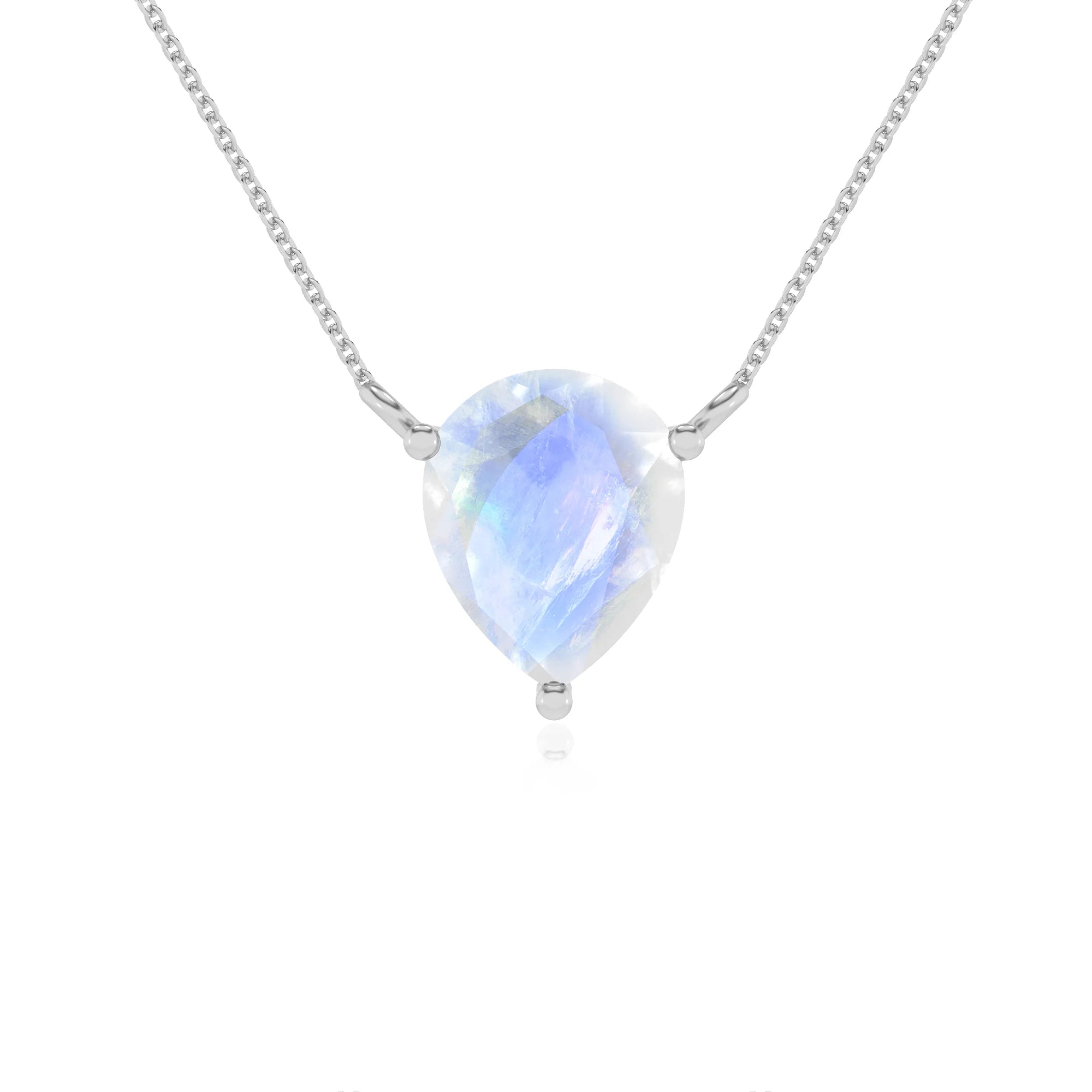 natural rainbow-moonstone pear solitaire necklaces in white gold