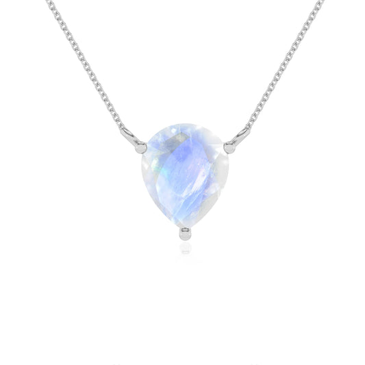 natural rainbow-moonstone pear solitaire necklaces in white gold