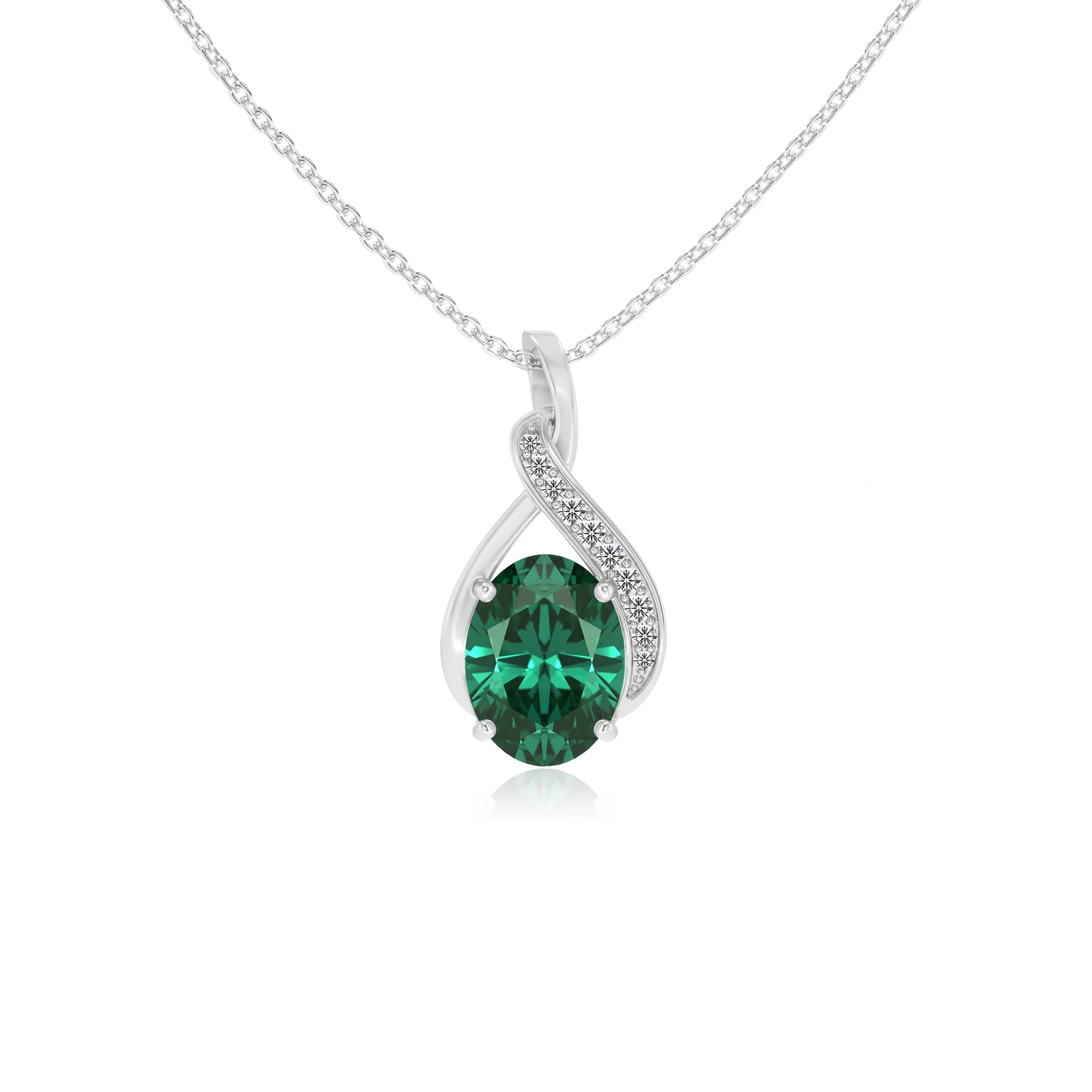 lab grown emerald oval solitaire necklaces in white gold