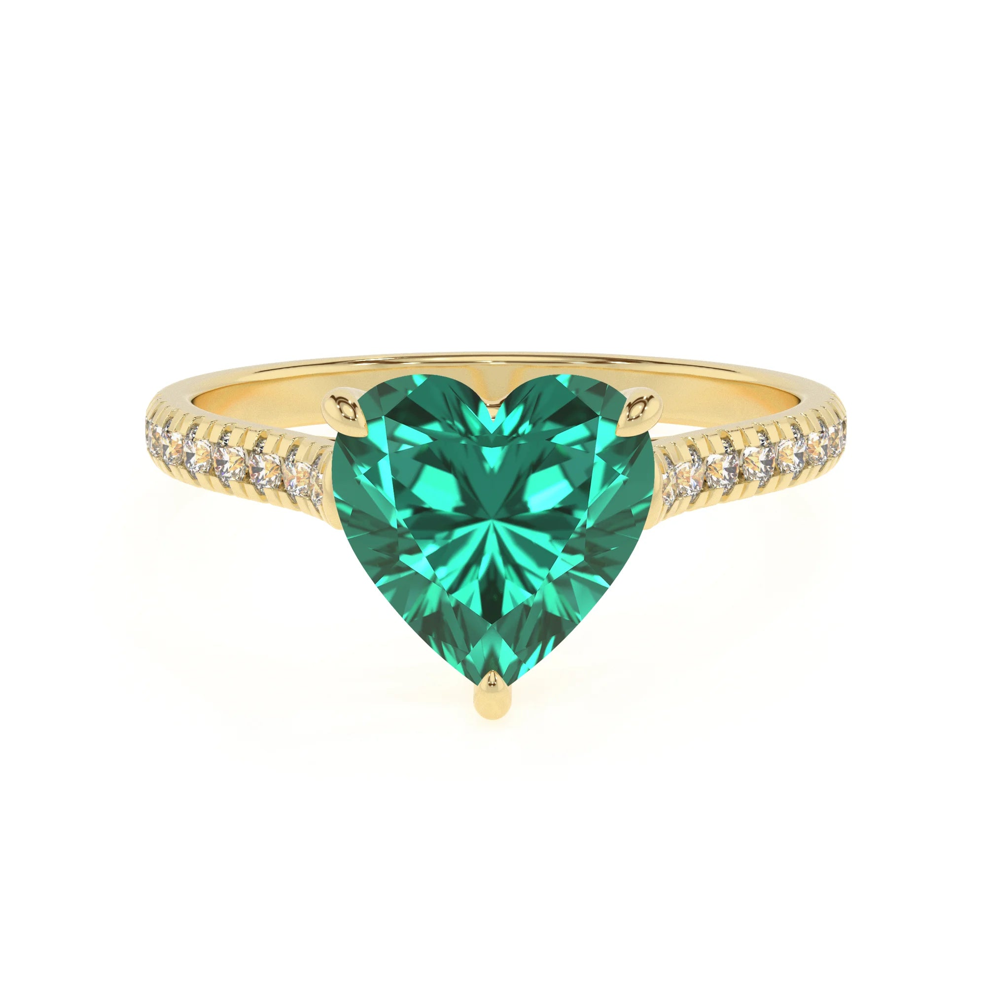 lab grown emerald heart half eternity solitaire engagement rings in yellow gold