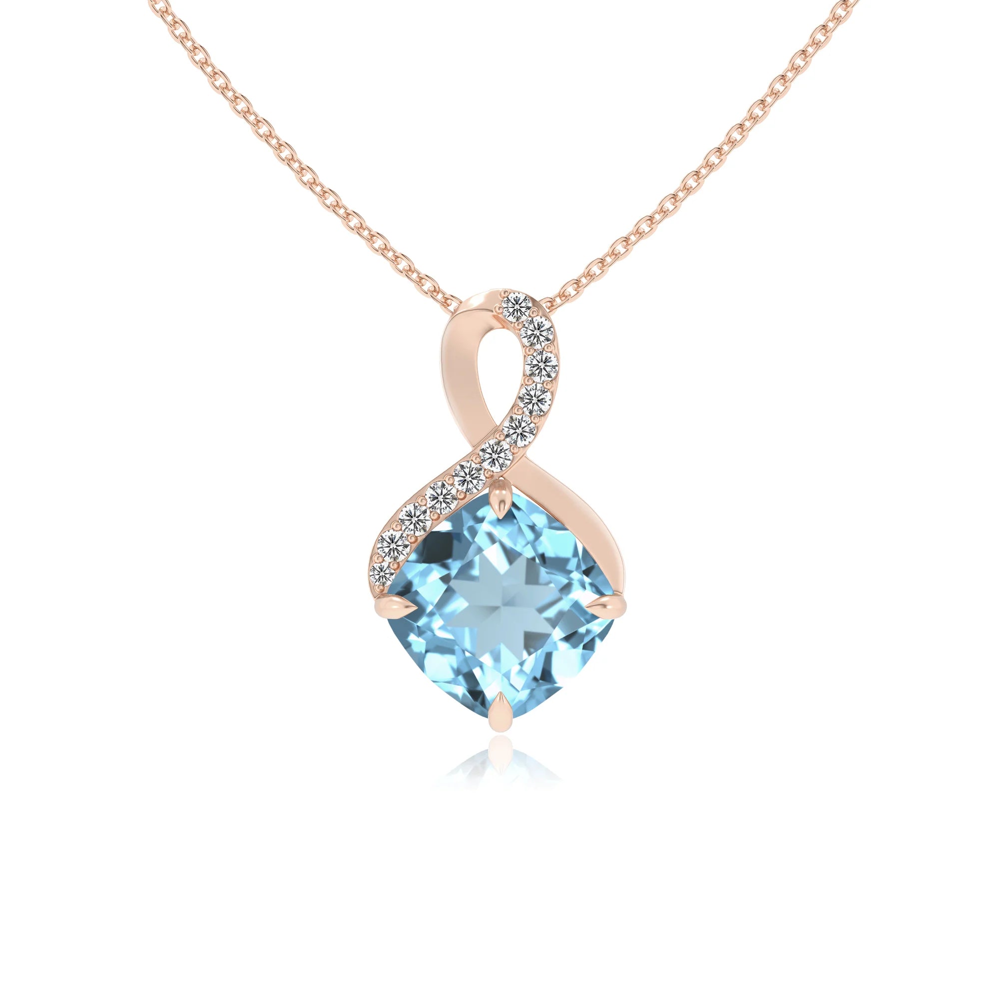 lab grown aquamarine cushion infinity necklaces in rose gold