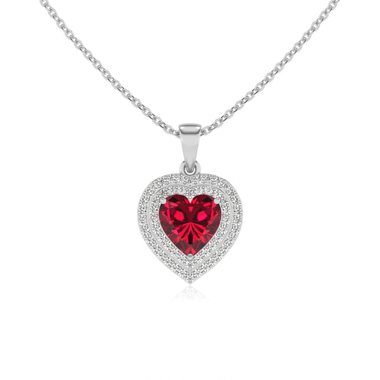 lab grown ruby heart halo necklaces in white gold