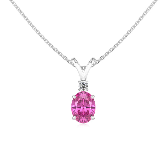 lab grown pink-sapphire oval solitaire v-bale necklaces in white gold