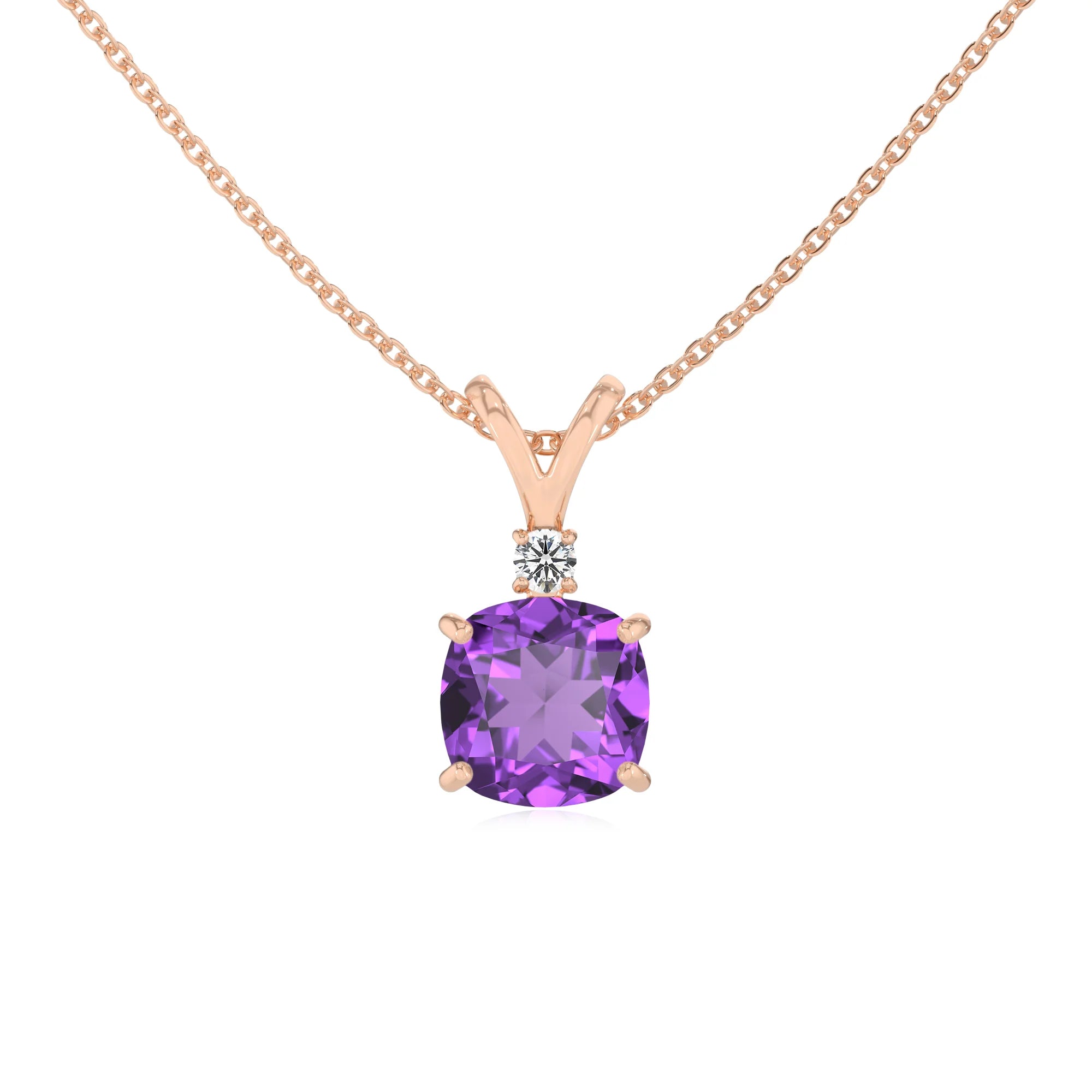 lab grown amethyst cushion solitaire v-bale necklaces in rose gold