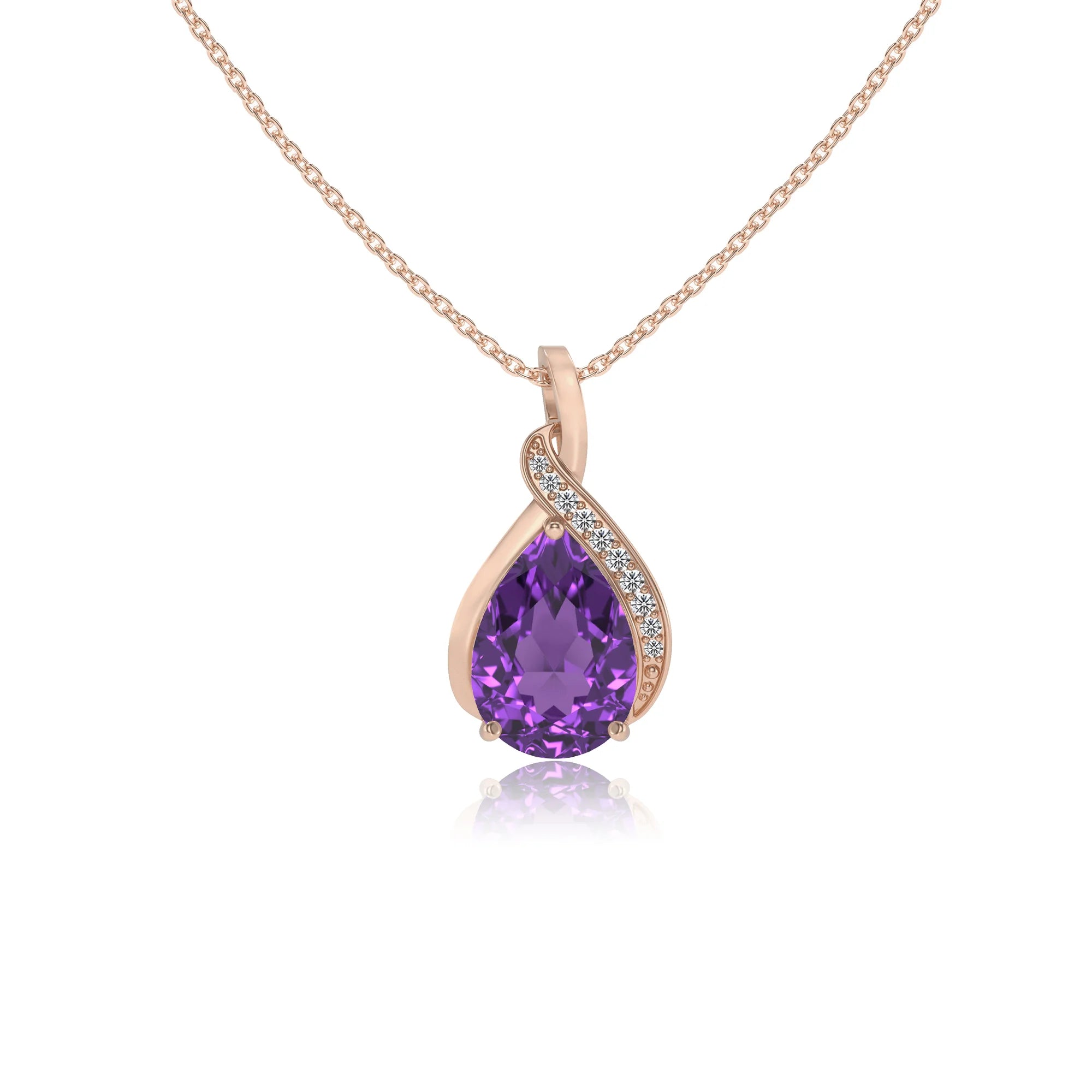 lab grown amethyst pear solitaire necklaces in rose gold