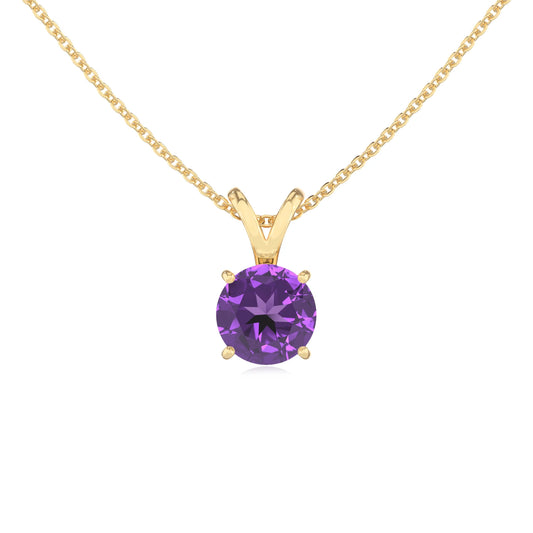 lab grown amethyst round solitaire v-bale necklaces in yellow gold