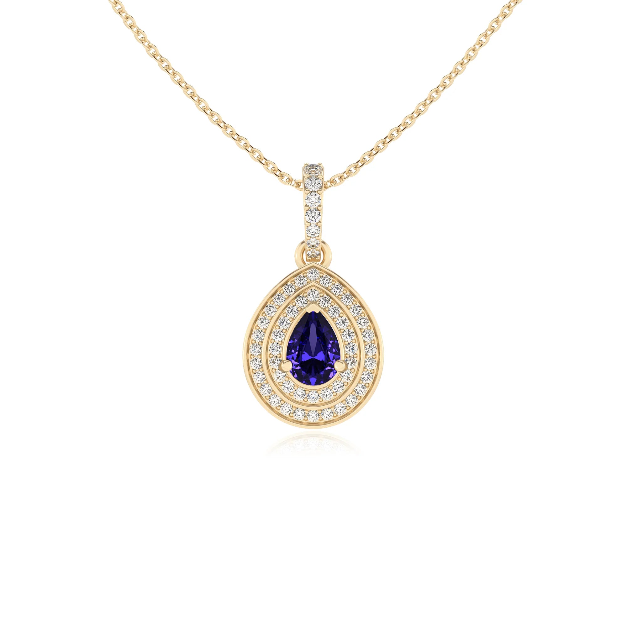 lab grown tanzanite pear halo necklaces in yellow gold