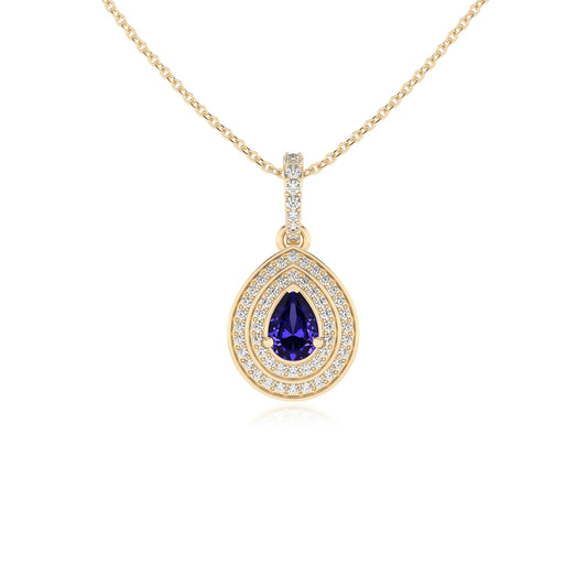 lab grown tanzanite pear halo necklaces in yellow gold