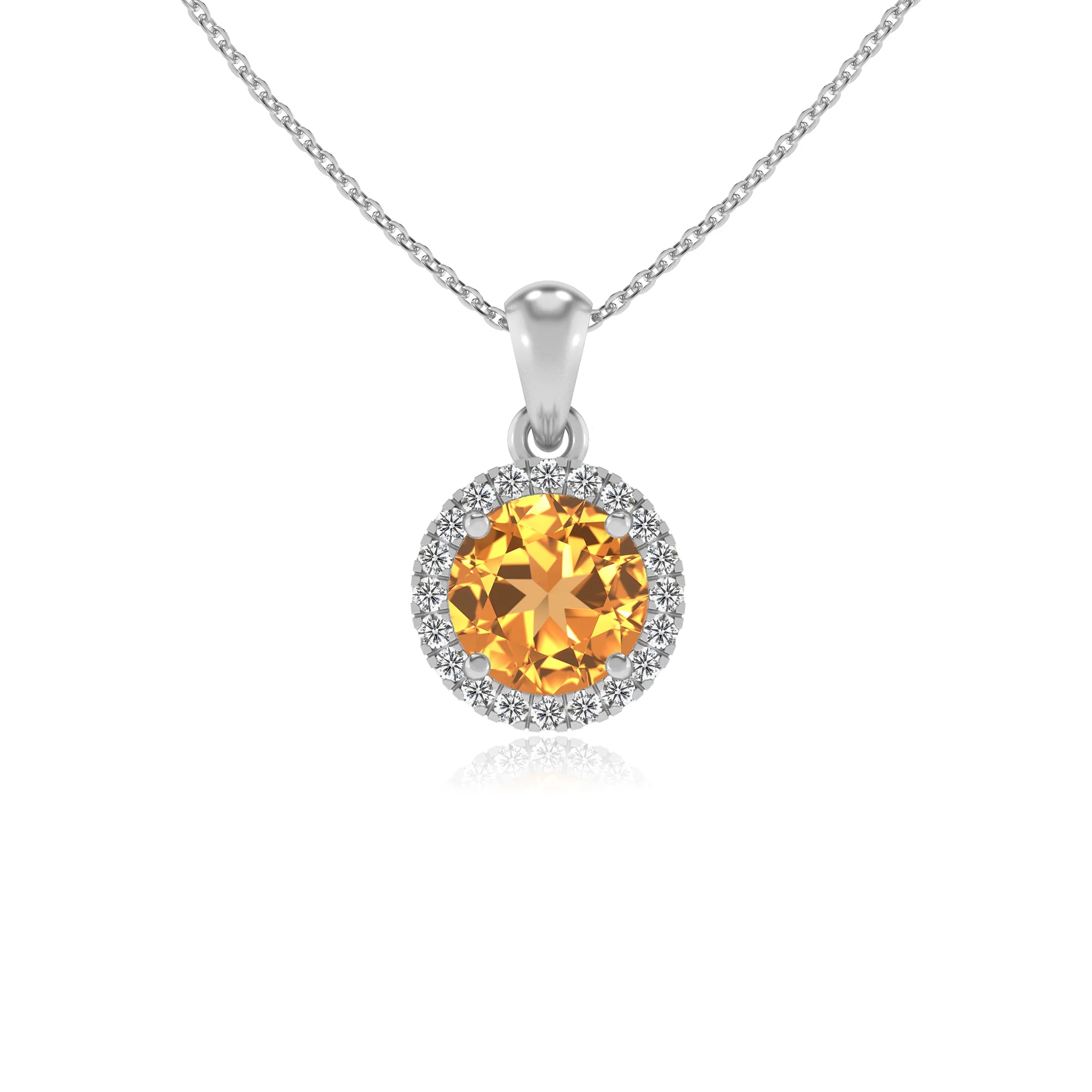 lab grown citrine round solitaire necklaces in white gold